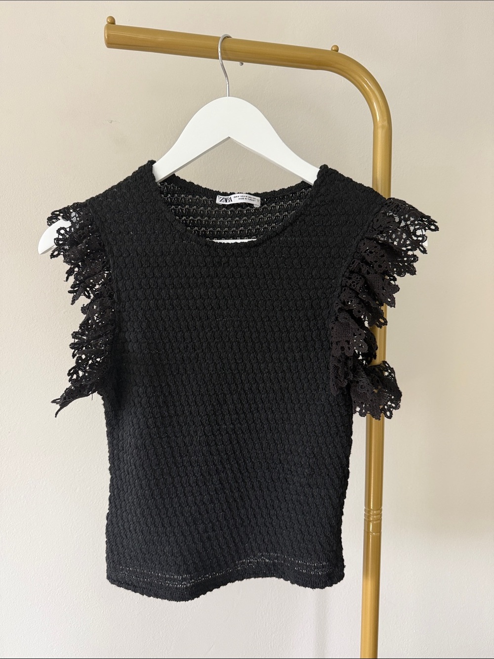 Zara Black Crochet Flutter Sleeve Tank Top